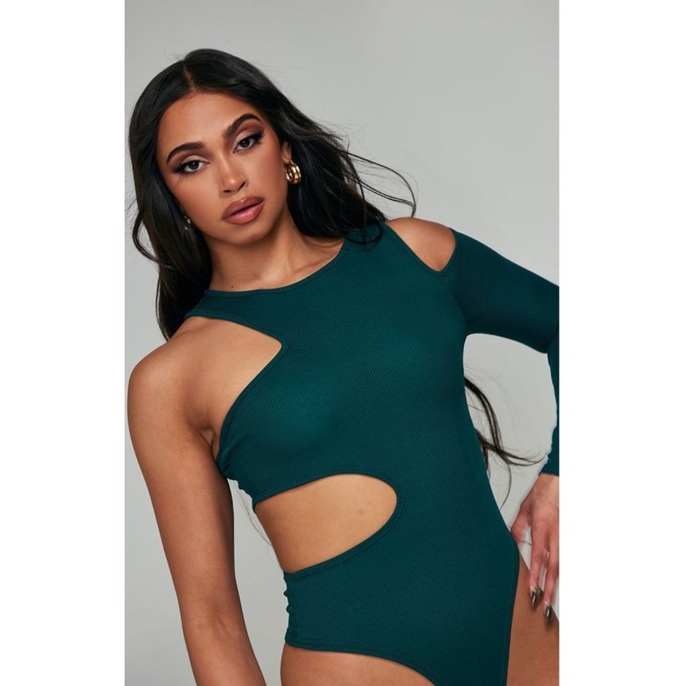 Pine Green Asymmetric Rib Cut Out One Shoulder Bodysuit BNWT